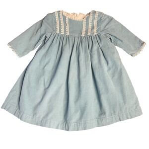 The Oaks Apparel Toddler's Light Blue Cotton Corduroy Lace Trim Dress 24M